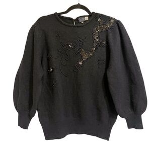 Vintage Oriental Brand Black Sweater Lambswool Beaded Dragon Motif Size 44